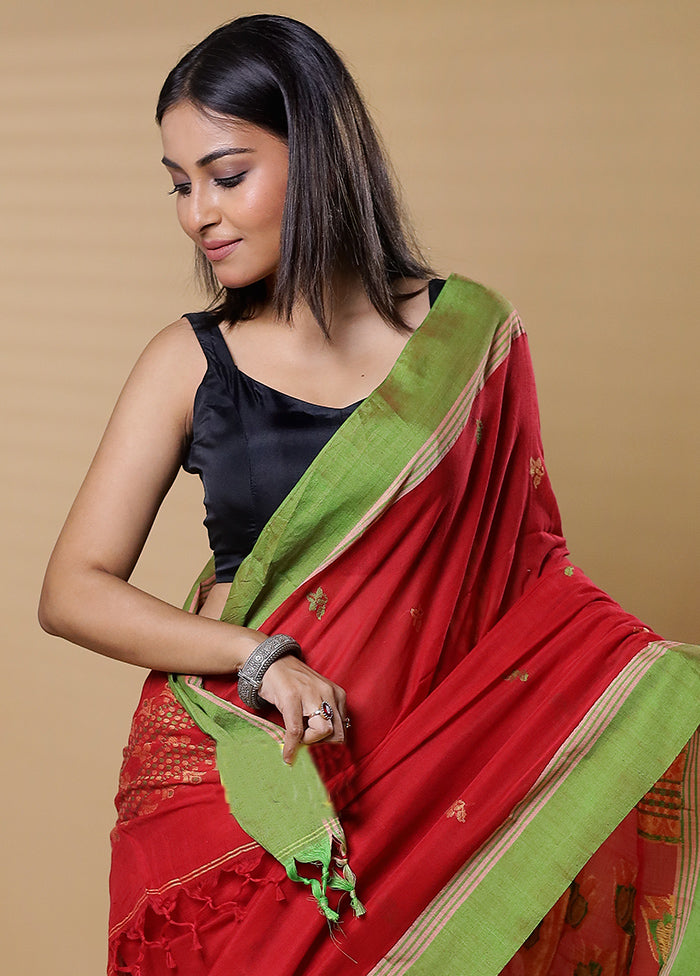 Red Khadi Cotton Saree With Blouse Piece