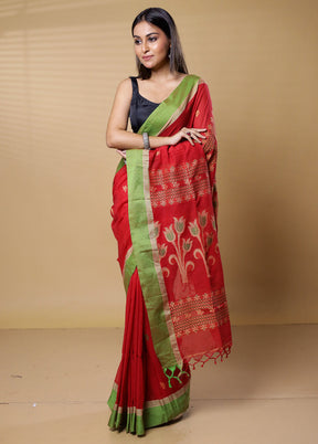 Red Khadi Cotton Saree With Blouse Piece