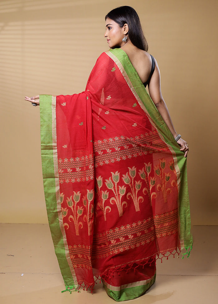 Red Khadi Cotton Saree With Blouse Piece