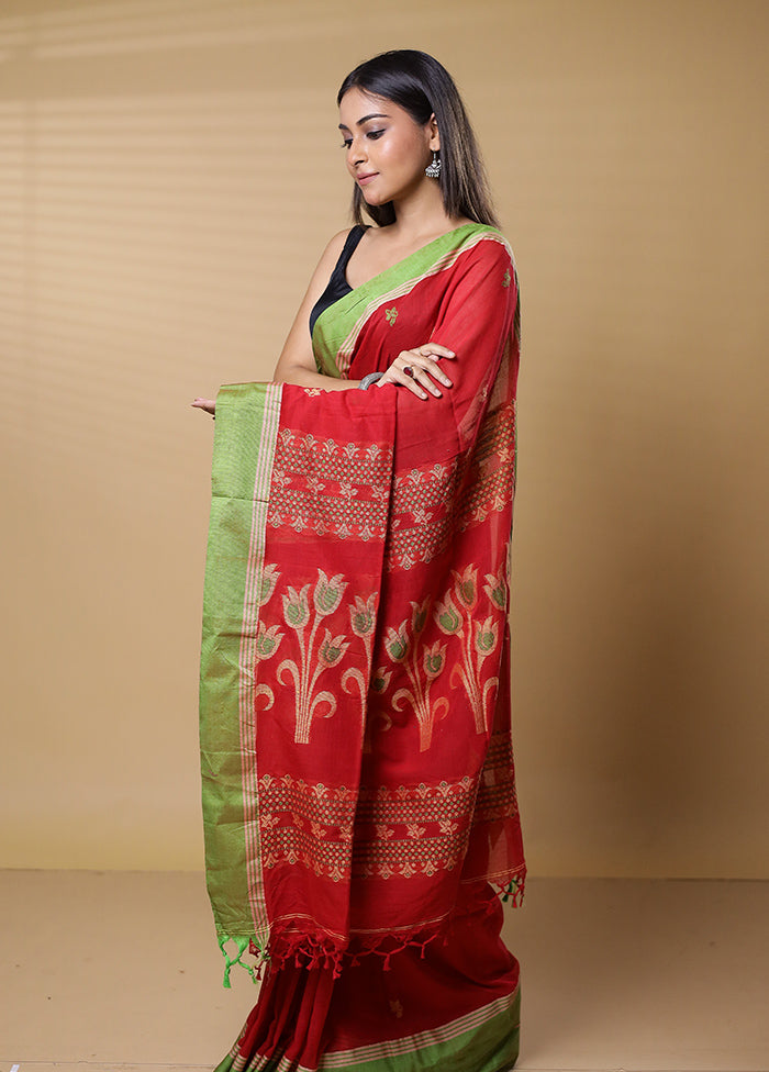 Red Khadi Cotton Saree With Blouse Piece