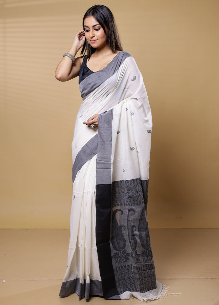 White Khadi Cotton Saree With Blouse Piece