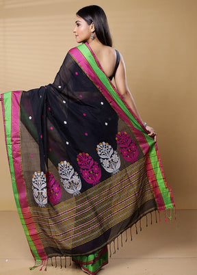 Black Khadi Cotton Saree With Blouse Piece