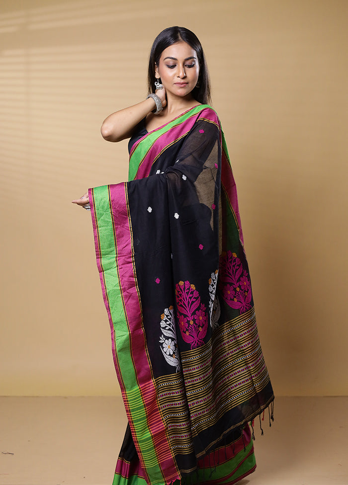 Black Khadi Cotton Saree With Blouse Piece