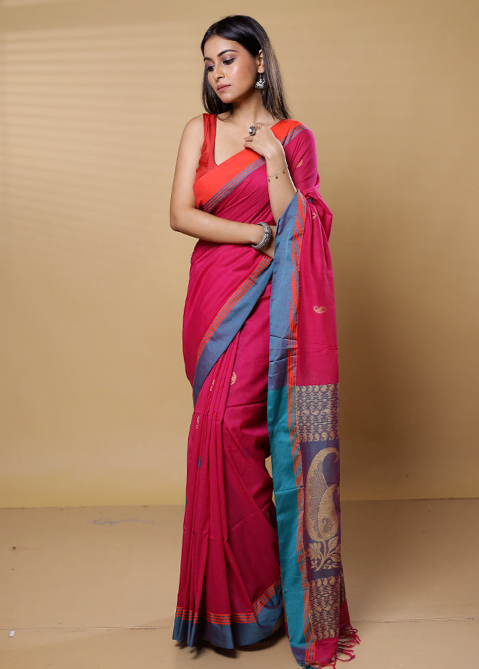 Pink Khadi Cotton Saree With Blouse Piece