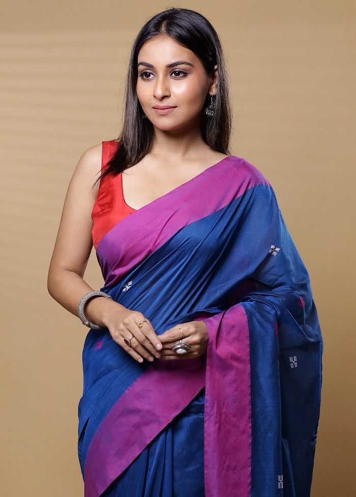 Blue Khadi Cotton Saree With Blouse Piece