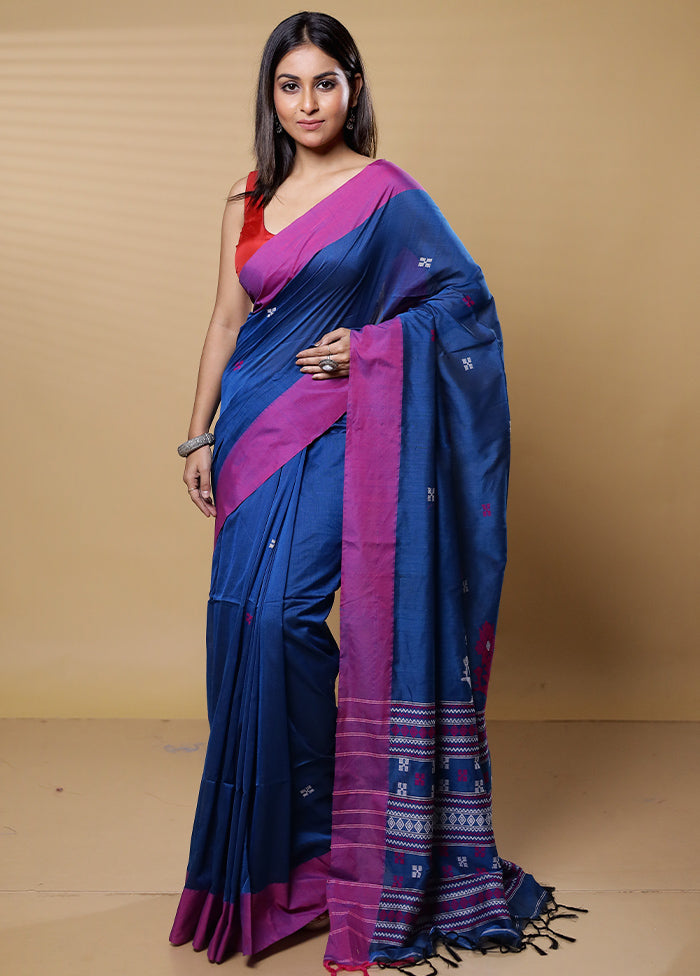 Blue Khadi Cotton Saree With Blouse Piece