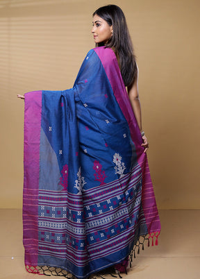 Blue Khadi Cotton Saree With Blouse Piece