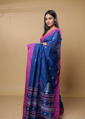 Blue Khadi Cotton Saree With Blouse Piece