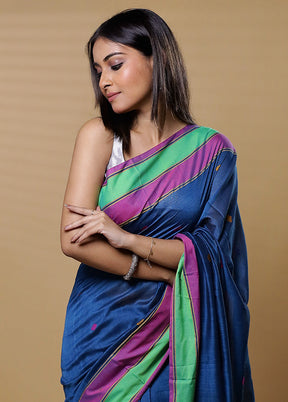 Blue Khadi Cotton Saree With Blouse Piece