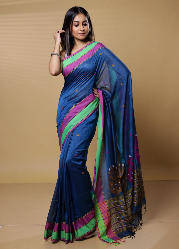 Blue Khadi Cotton Saree With Blouse Piece