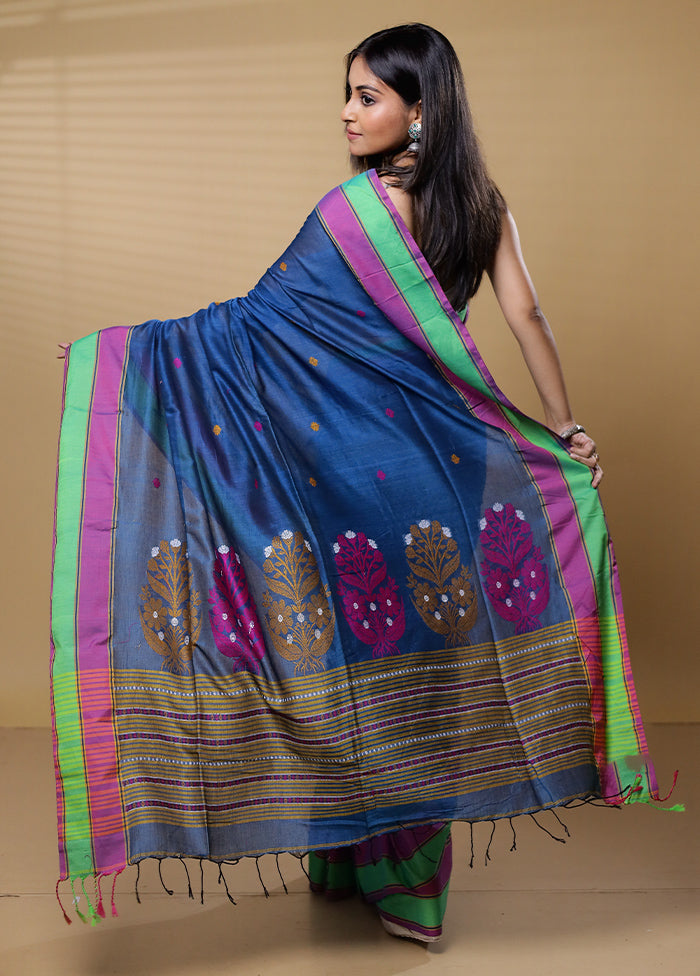 Blue Khadi Cotton Saree With Blouse Piece