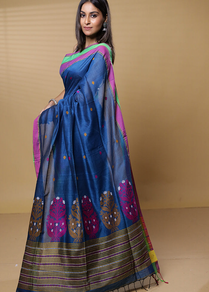 Blue Khadi Cotton Saree With Blouse Piece