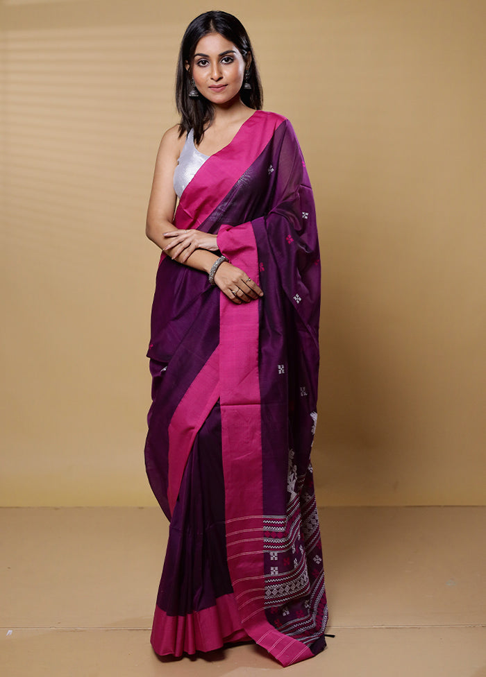 Purple Khadi Cotton Saree With Blouse Piece