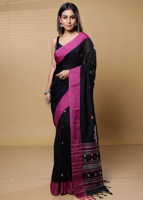 Black Khadi Cotton Saree With Blouse Piece