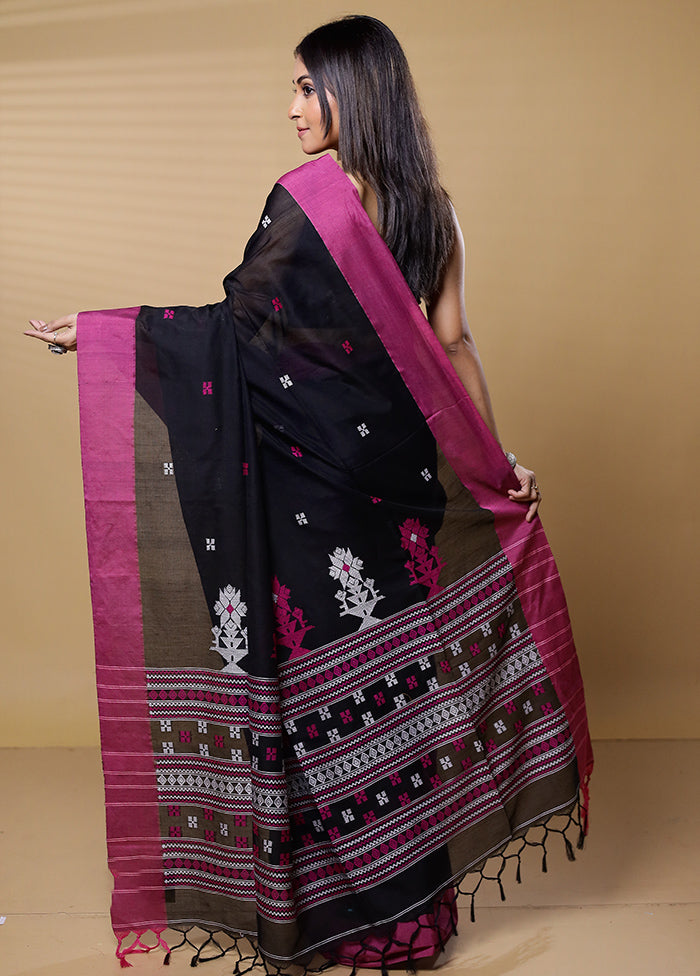 Black Khadi Cotton Saree With Blouse Piece