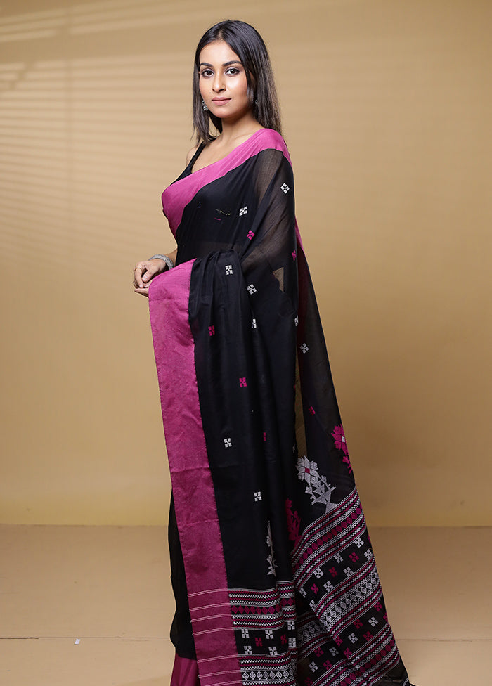 Black Khadi Cotton Saree With Blouse Piece