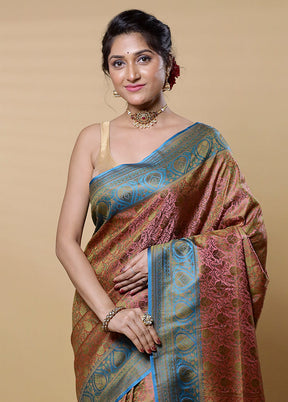 Pink Jamewar Silk Saree With Blouse Piece