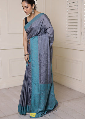 Grey Kanjivaram Silk Saree With Blouse Piece