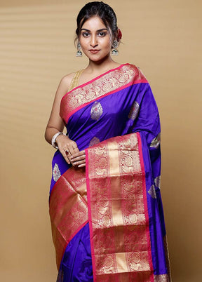 Purple Handloom Kanjivaram Pure Silk Saree With Blouse Piece