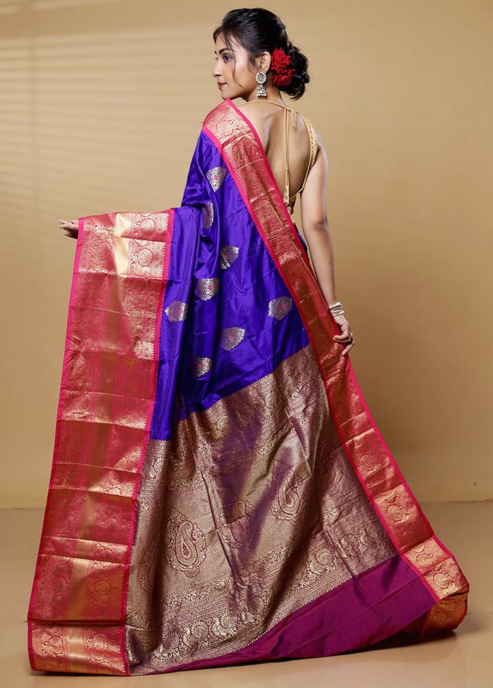 Purple Handloom Kanjivaram Pure Silk Saree With Blouse Piece