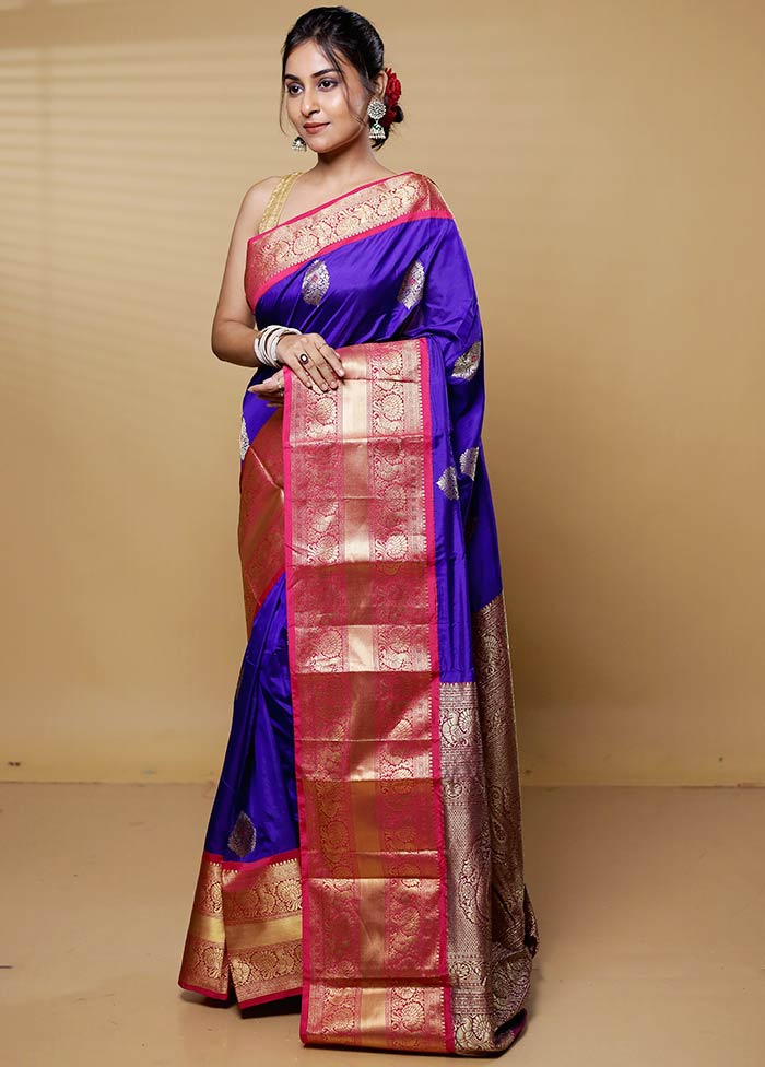 Purple Handloom Kanjivaram Pure Silk Saree With Blouse Piece