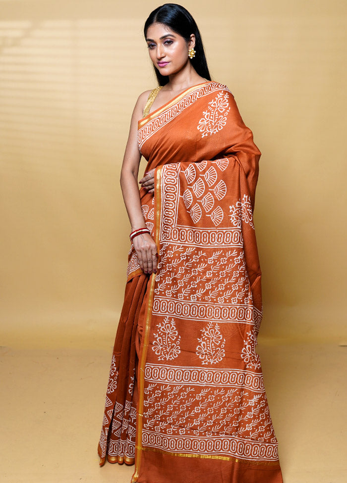 Rust Chanderi Cotton Saree With Blouse Piece