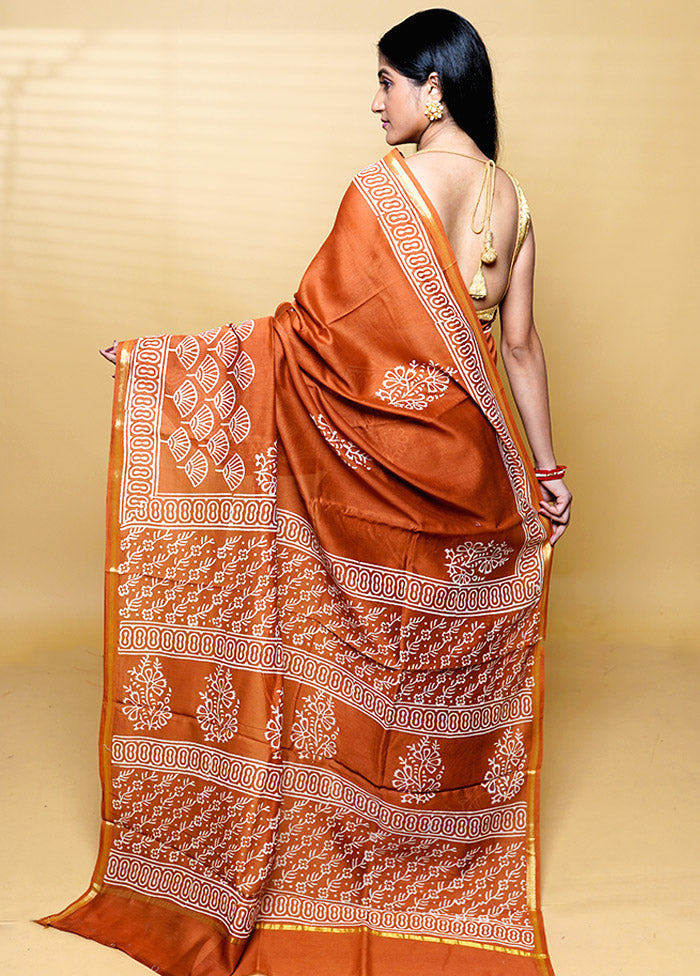 Rust Chanderi Cotton Saree With Blouse Piece