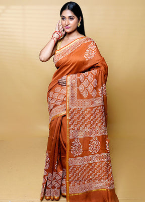 Rust Chanderi Cotton Saree With Blouse Piece