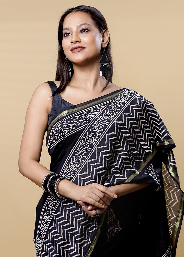 Black Chanderi Cotton Saree With Blouse Piece