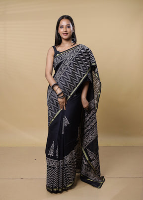 Black Chanderi Cotton Saree With Blouse Piece