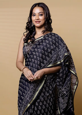 Black Chanderi Cotton Saree With Blouse Piece