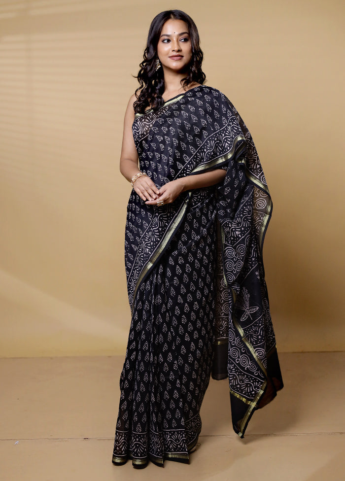 Black Chanderi Cotton Saree With Blouse Piece