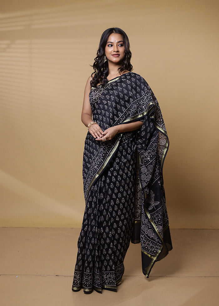 Black Chanderi Cotton Saree With Blouse Piece