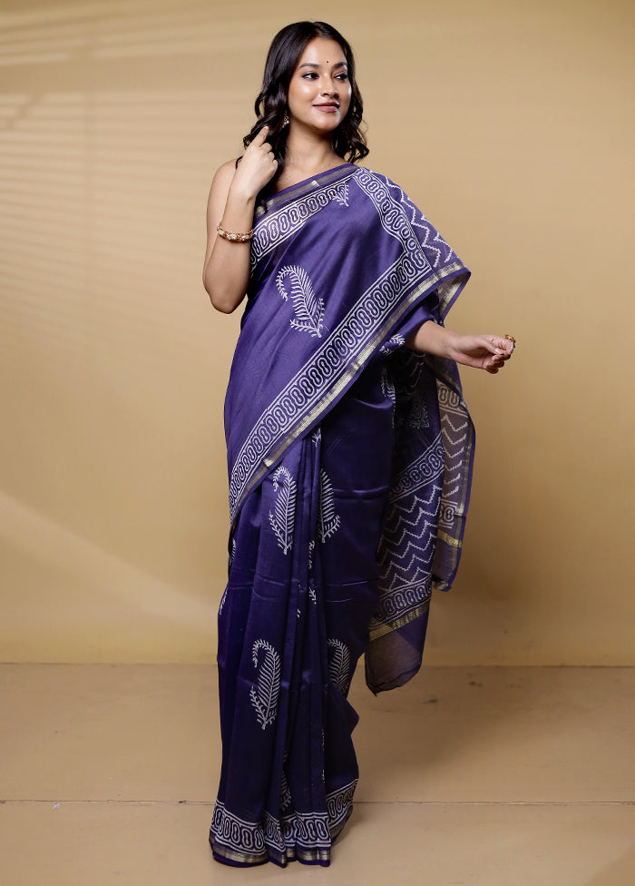 Blue Chanderi Cotton Saree With Blouse Piece