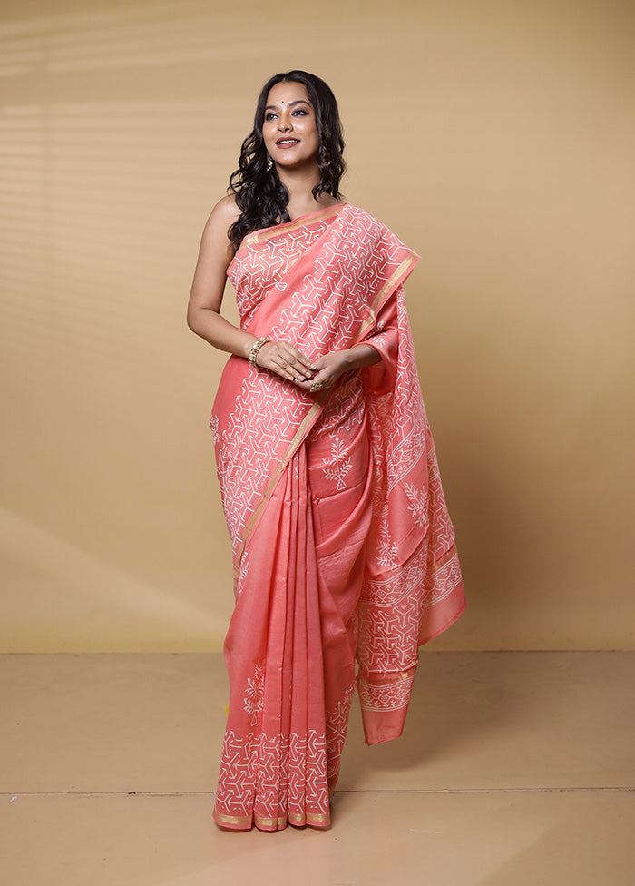 Pink Chanderi Cotton Saree With Blouse Piece