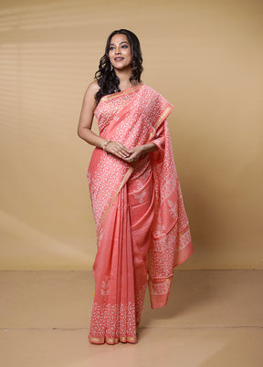 Pink Chanderi Cotton Saree With Blouse Piece