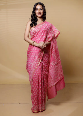 Pink Chanderi Cotton Saree With Blouse Piece