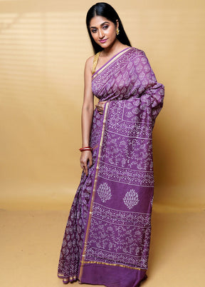 Purple Chanderi Cotton Saree With Blouse Piece