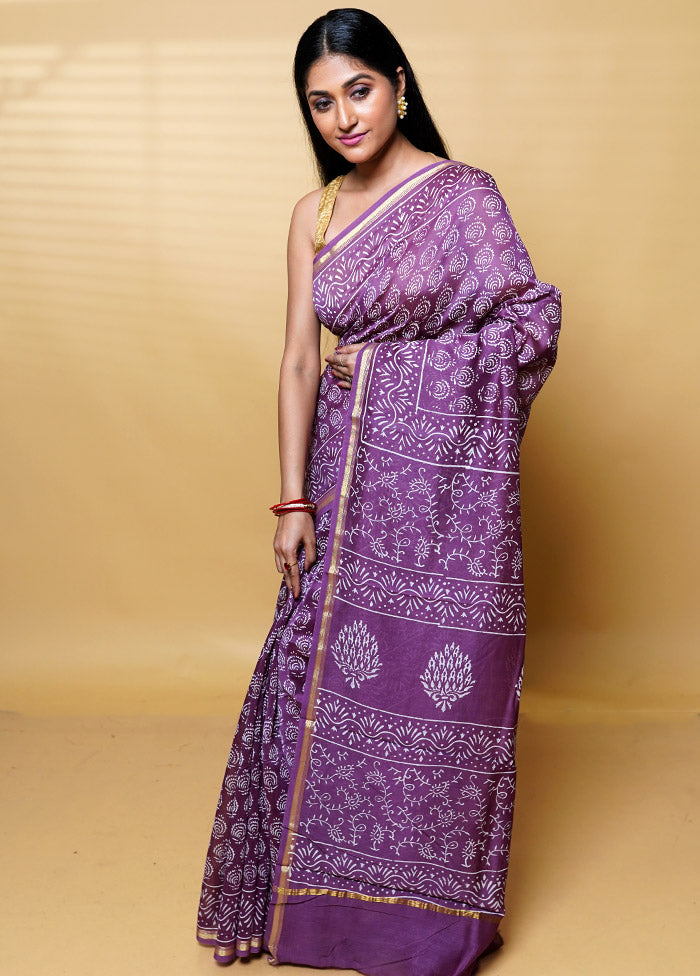 Purple Chanderi Cotton Saree With Blouse Piece