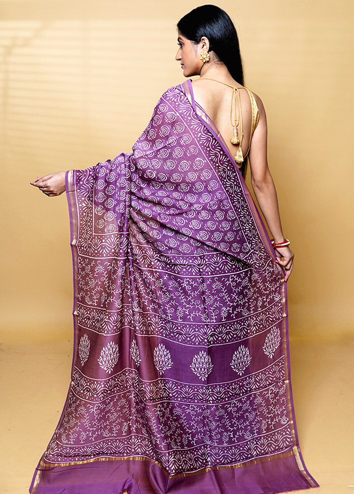 Purple Chanderi Cotton Saree With Blouse Piece