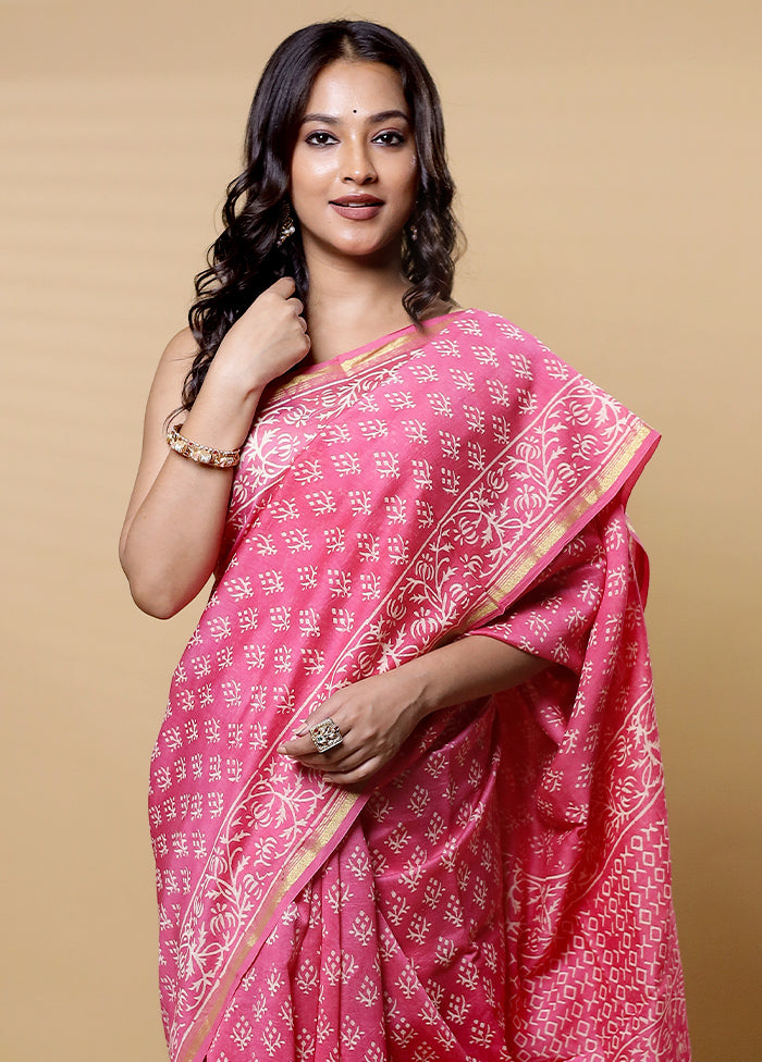 Pink Chanderi Cotton Saree With Blouse Piece