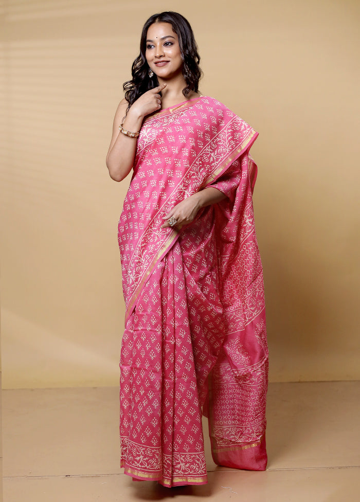 Pink Chanderi Cotton Saree With Blouse Piece