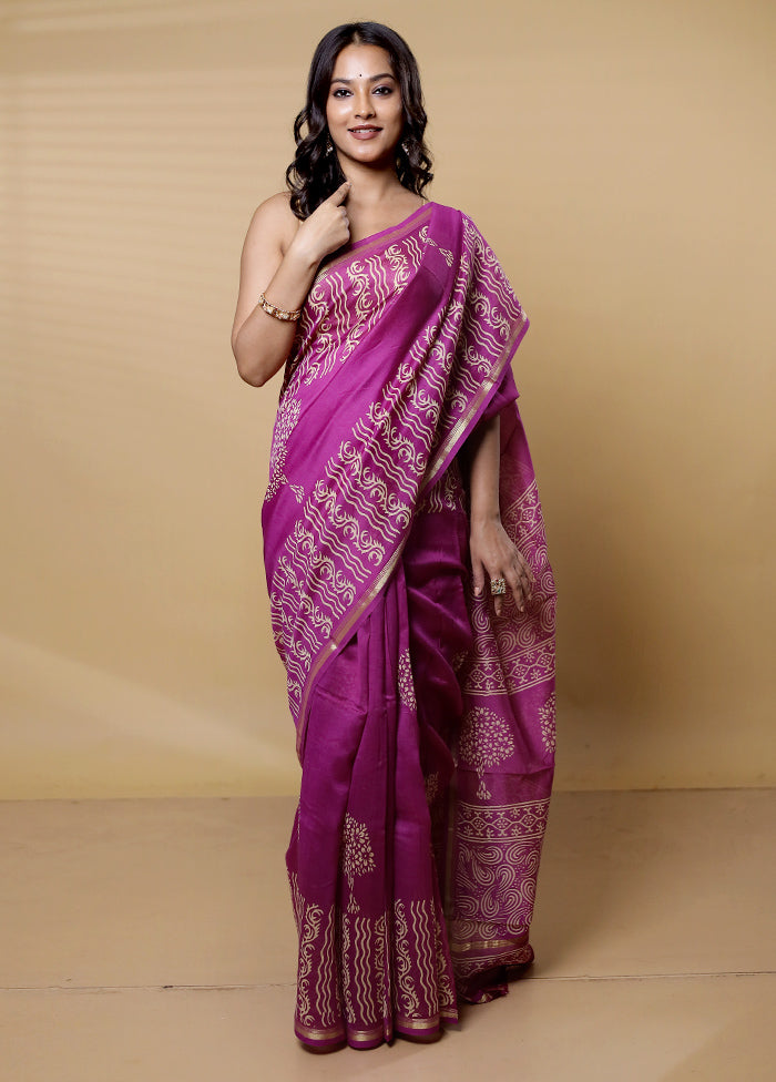 Purple Chanderi Cotton Saree With Blouse Piece