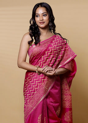 Pink Chanderi Cotton Saree With Blouse Piece