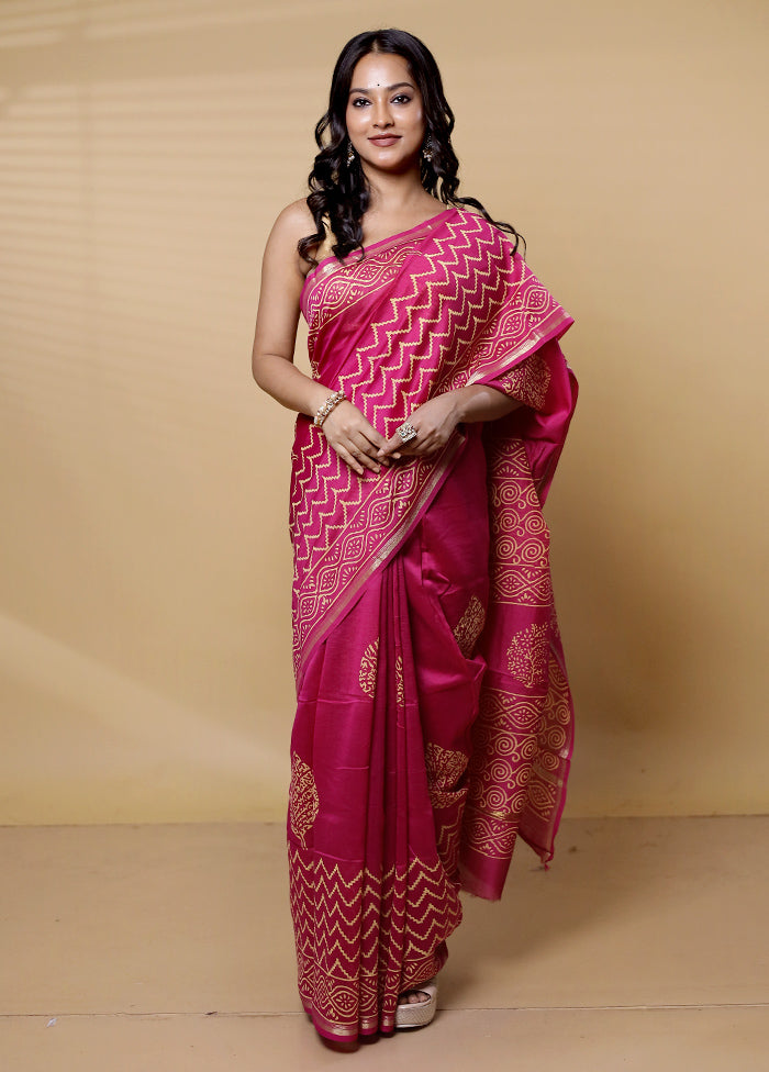 Pink Chanderi Cotton Saree With Blouse Piece