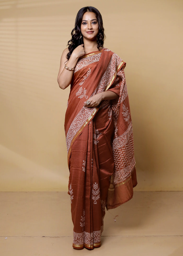 Rust Chanderi Cotton Saree With Blouse Piece