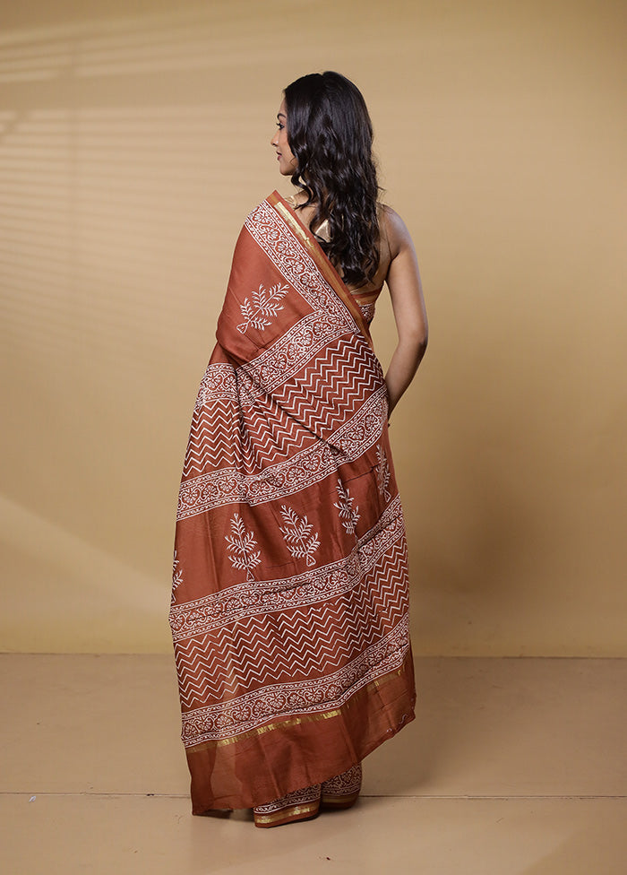 Rust Chanderi Cotton Saree With Blouse Piece