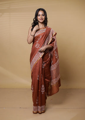 Rust Chanderi Cotton Saree With Blouse Piece