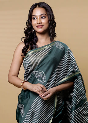 Green Chanderi Cotton Saree With Blouse Piece