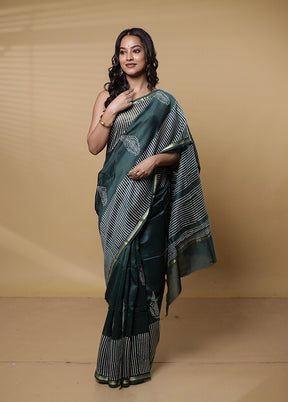 Green Chanderi Cotton Saree With Blouse Piece